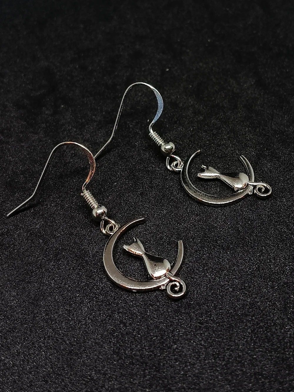 Whimsical Silver Cat & Crescent Moon Dangle Earrings